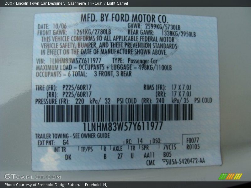 2007 Town Car Designer Cashmere Tri-Coat Color Code G4