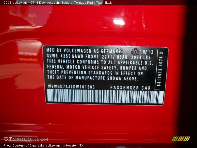 Tornado Red / Titan Black 2013 Volkswagen GTI 4 Door Autobahn Edition