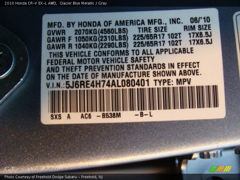 Glacier Blue Metallic / Gray 2010 Honda CR-V EX-L AWD