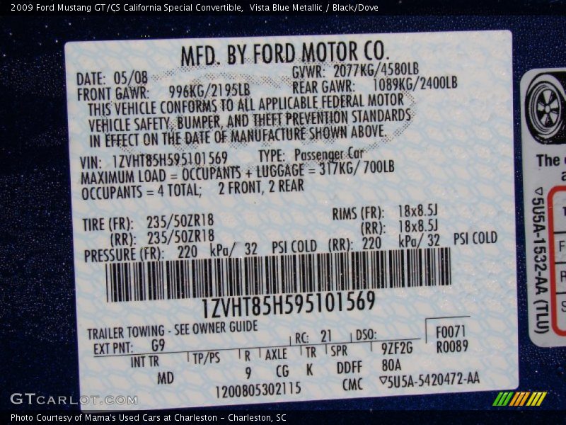 2009 Mustang GT/CS California Special Convertible Vista Blue Metallic Color Code G9