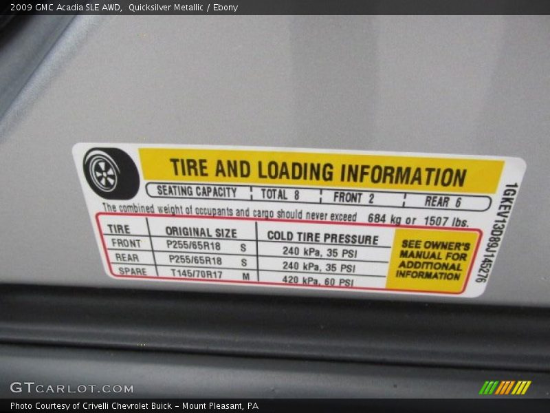 Info Tag of 2009 Acadia SLE AWD