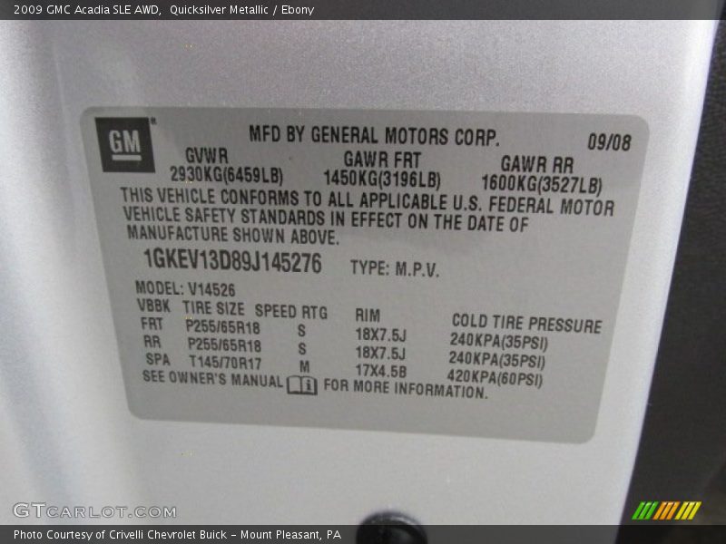 Info Tag of 2009 Acadia SLE AWD