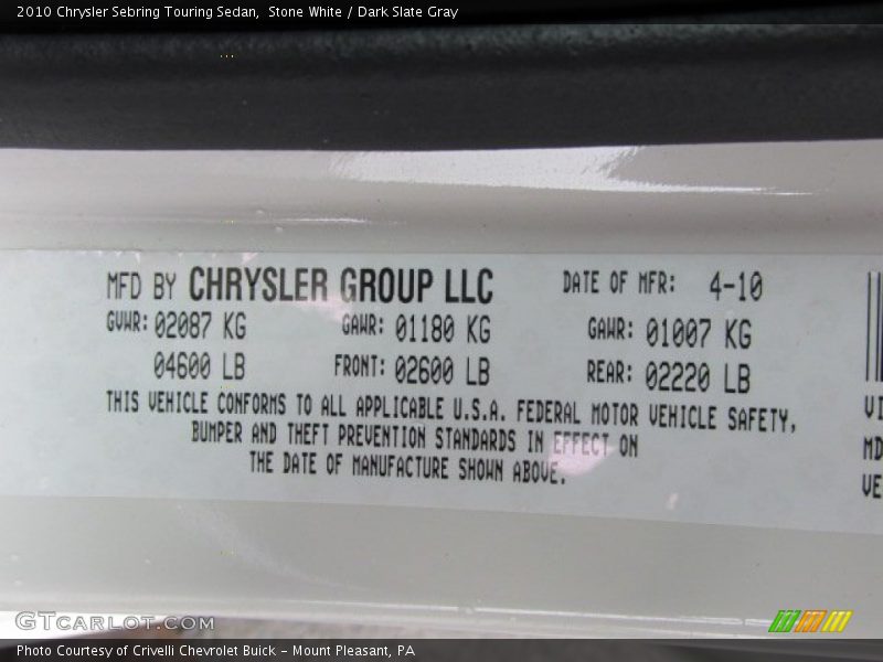 Stone White / Dark Slate Gray 2010 Chrysler Sebring Touring Sedan