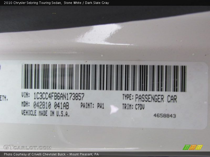 Stone White / Dark Slate Gray 2010 Chrysler Sebring Touring Sedan