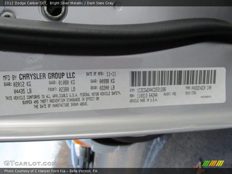 Bright Silver Metallic / Dark Slate Gray 2012 Dodge Caliber SXT