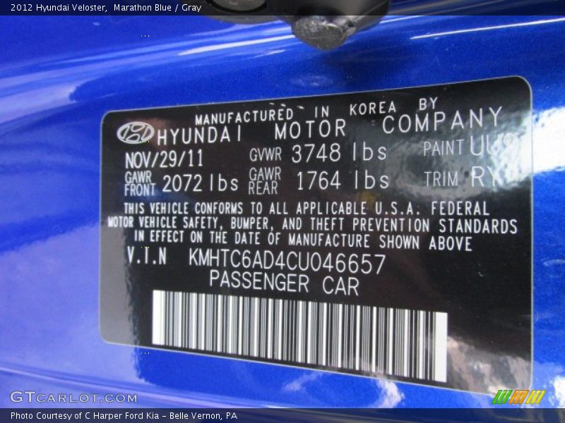 Marathon Blue / Gray 2012 Hyundai Veloster