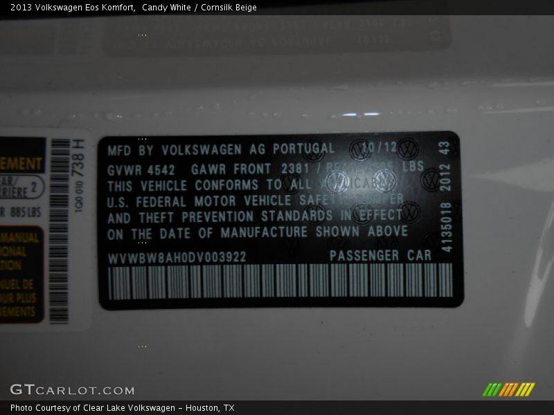 Candy White / Cornsilk Beige 2013 Volkswagen Eos Komfort
