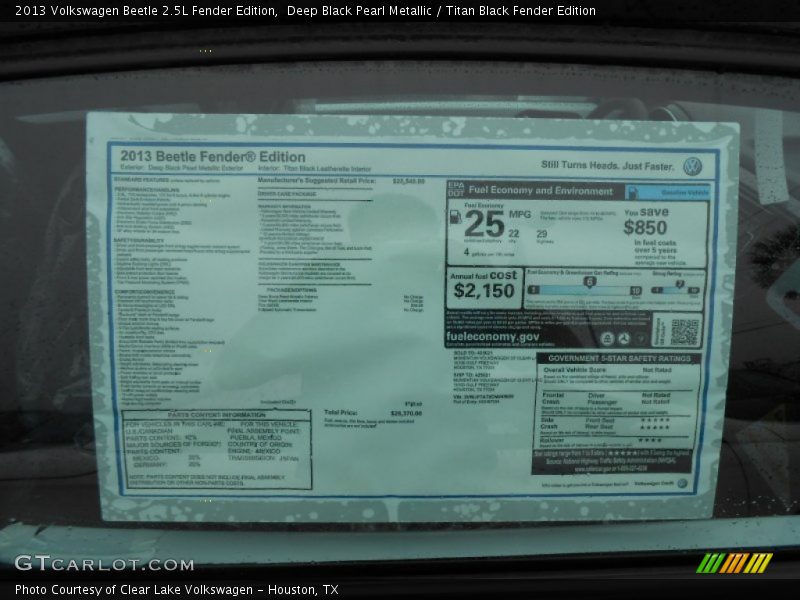  2013 Beetle 2.5L Fender Edition Window Sticker