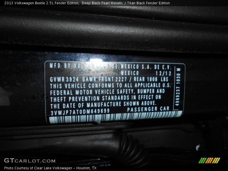 Deep Black Pearl Metallic / Titan Black Fender Edition 2013 Volkswagen Beetle 2.5L Fender Edition