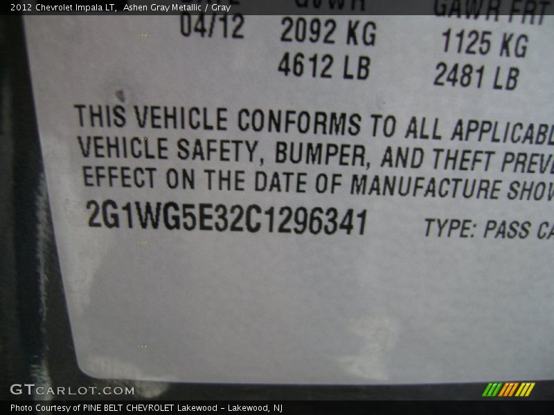 Ashen Gray Metallic / Gray 2012 Chevrolet Impala LT