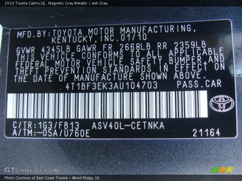 Magnetic Gray Metallic / Ash Gray 2010 Toyota Camry LE