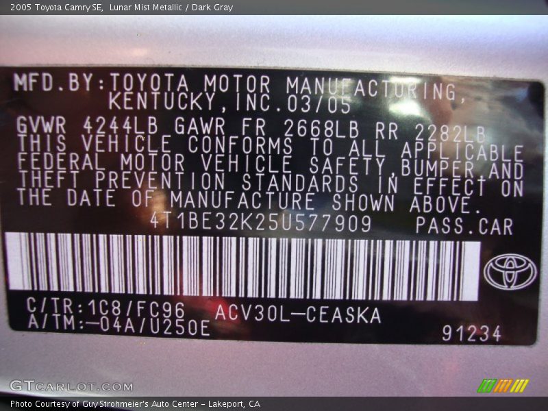 2005 Camry SE Lunar Mist Metallic Color Code 1C8