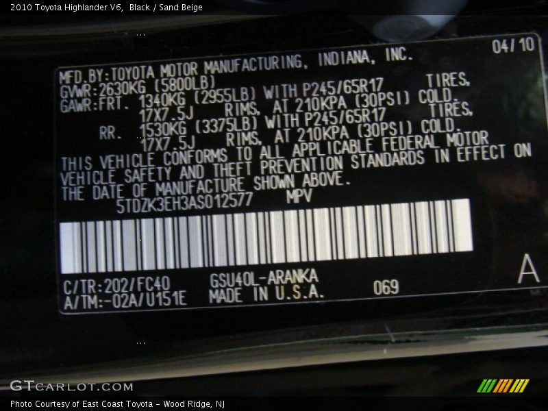 Black / Sand Beige 2010 Toyota Highlander V6
