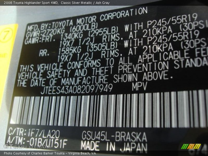 2008 Highlander Sport 4WD Classic Silver Metallic Color Code 1F7