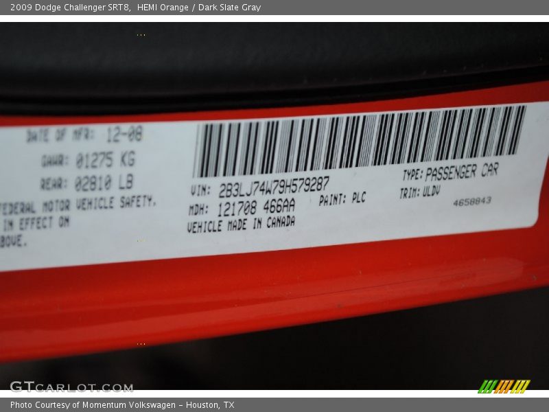 2009 Challenger SRT8 HEMI Orange Color Code PLC