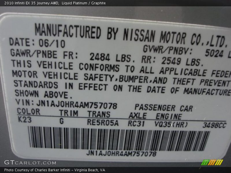 2010 EX 35 Journey AWD Liquid Platinum Color Code K23