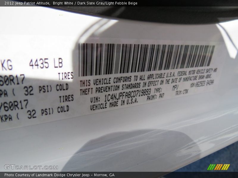 Bright White / Dark Slate Gray/Light Pebble Beige 2012 Jeep Patriot Altitude