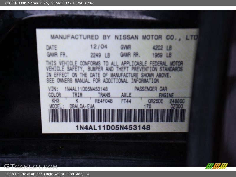 2005 Altima 2.5 S Super Black Color Code KH3