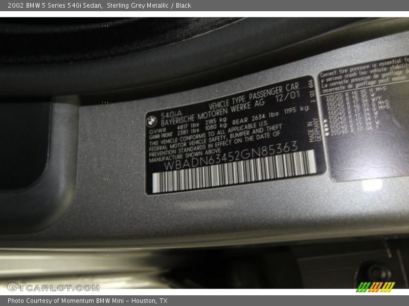 Sterling Grey Metallic / Black 2002 BMW 5 Series 540i Sedan