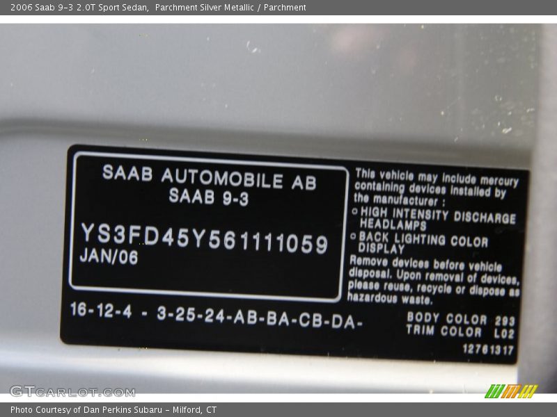 2006 9-3 2.0T Sport Sedan Parchment Silver Metallic Color Code 293