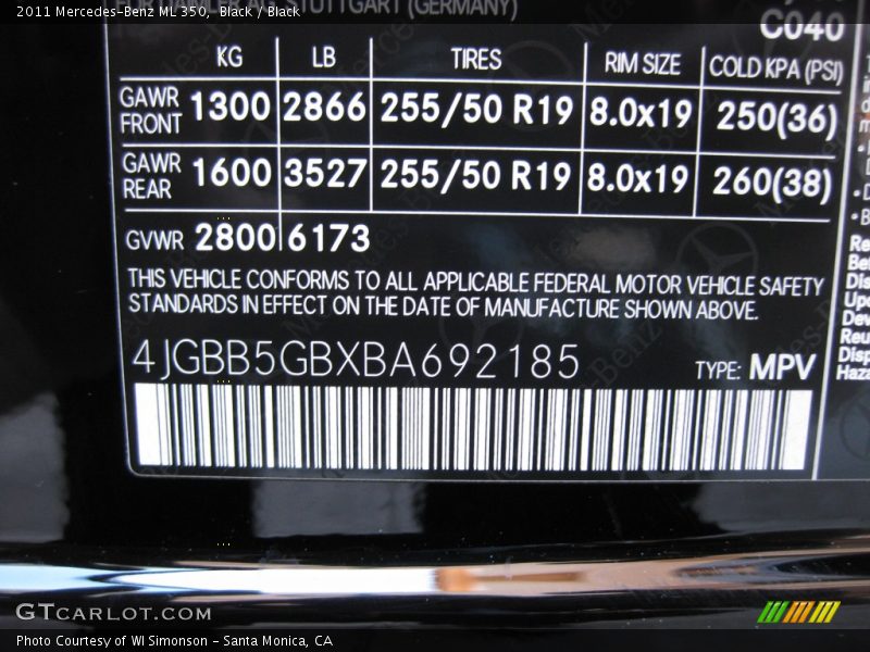 Black / Black 2011 Mercedes-Benz ML 350