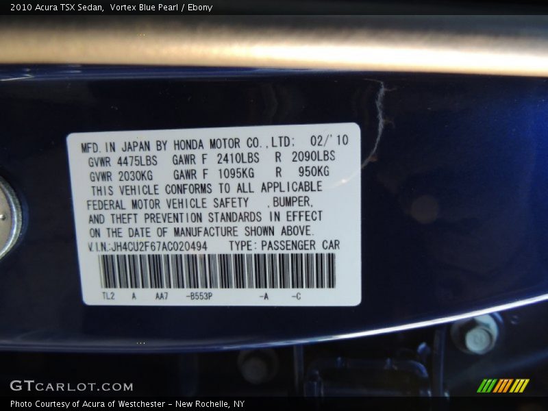 Vortex Blue Pearl / Ebony 2010 Acura TSX Sedan