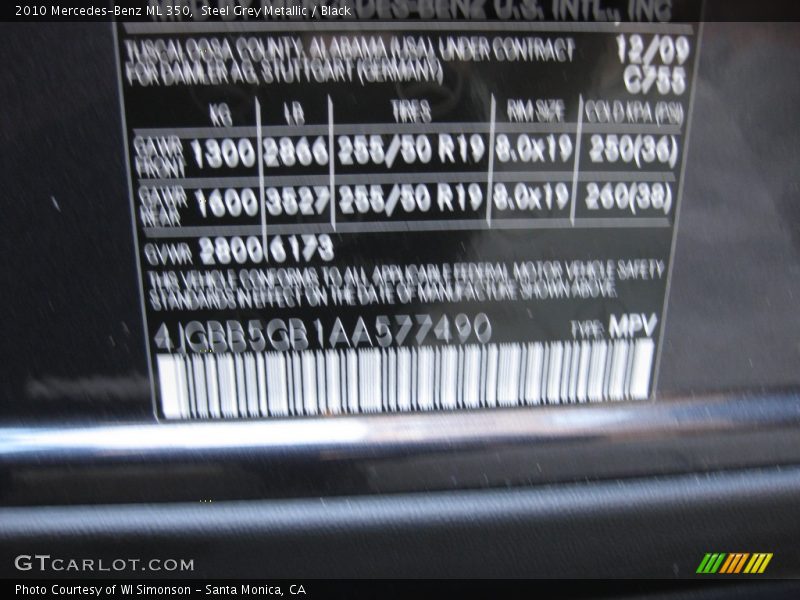 Steel Grey Metallic / Black 2010 Mercedes-Benz ML 350