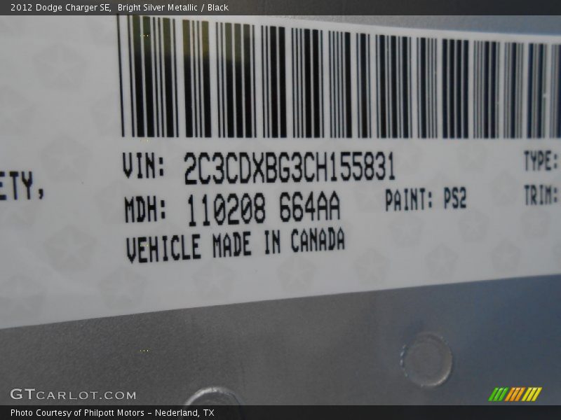 Bright Silver Metallic / Black 2012 Dodge Charger SE