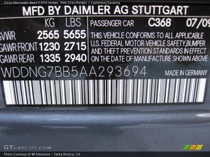 2010 S 550 Sedan Flint Grey Metallic Color Code 368