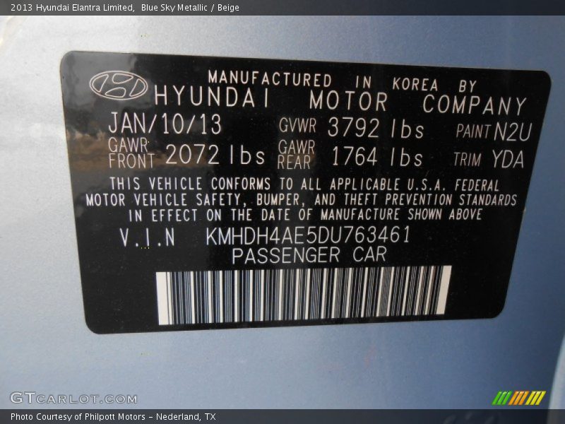 Blue Sky Metallic / Beige 2013 Hyundai Elantra Limited