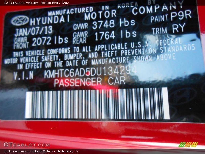 2013 Veloster  Boston Red Color Code P9R