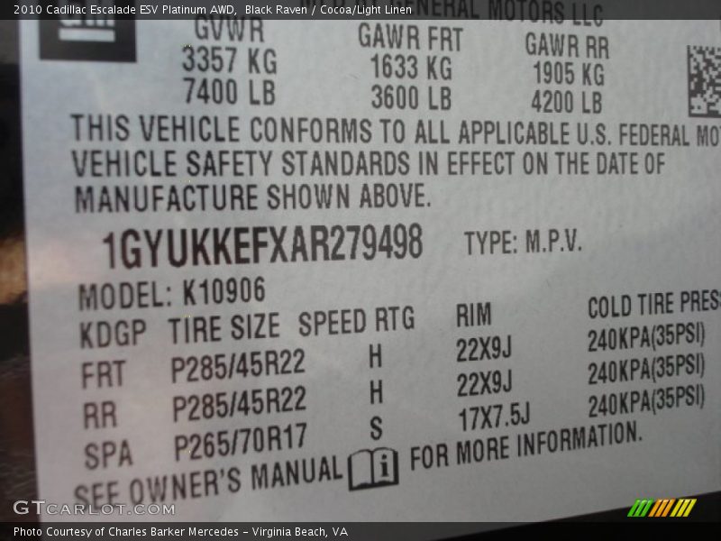 Black Raven / Cocoa/Light Linen 2010 Cadillac Escalade ESV Platinum AWD