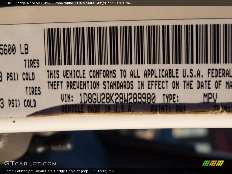 Stone White / Dark Slate Gray/Light Slate Gray 2008 Dodge Nitro SXT 4x4