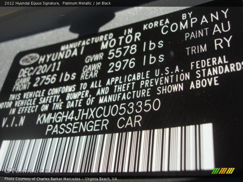2012 Equus Signature Platinum Metallic Color Code AU