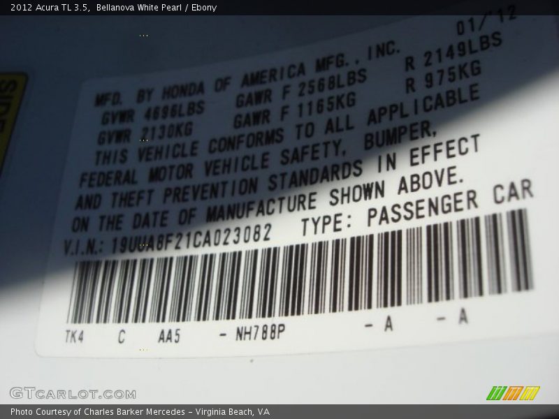 Bellanova White Pearl / Ebony 2012 Acura TL 3.5