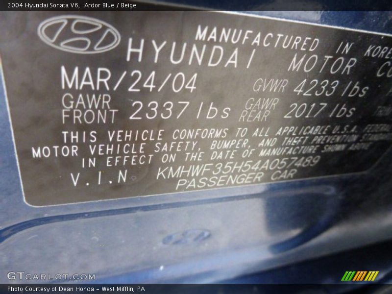 Ardor Blue / Beige 2004 Hyundai Sonata V6