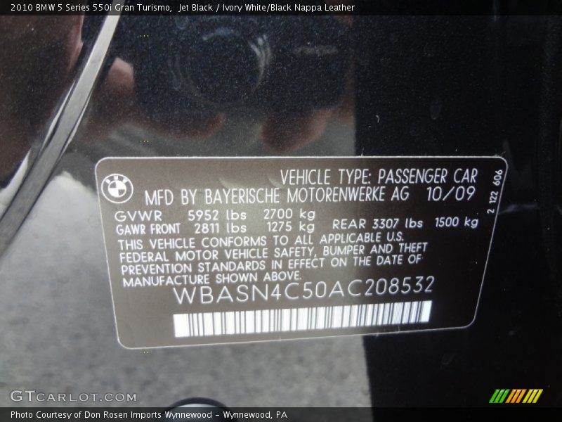 Jet Black / Ivory White/Black Nappa Leather 2010 BMW 5 Series 550i Gran Turismo