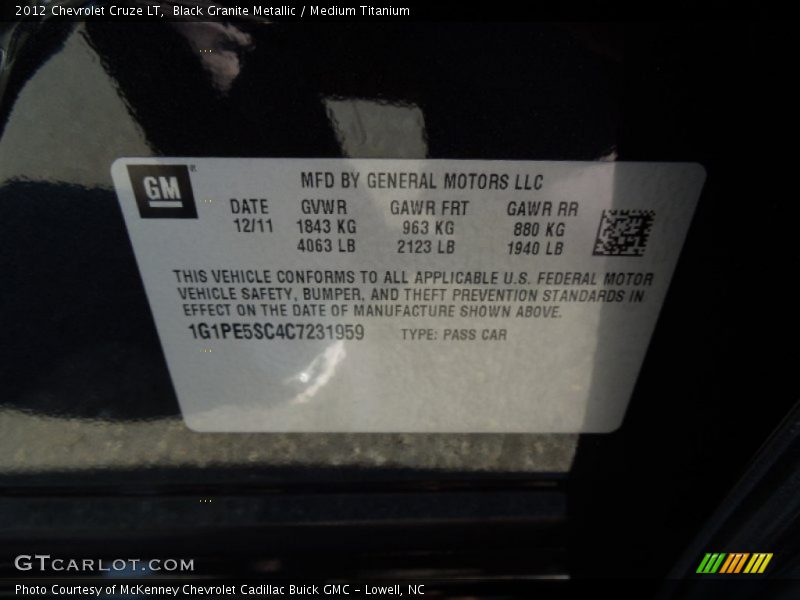 Black Granite Metallic / Medium Titanium 2012 Chevrolet Cruze LT