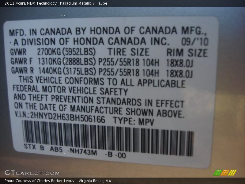 Palladium Metallic / Taupe 2011 Acura MDX Technology
