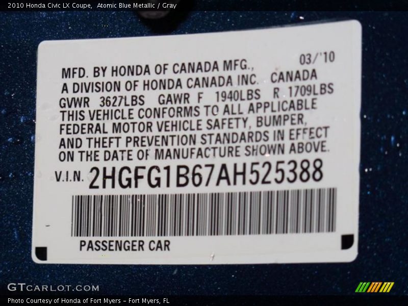 Atomic Blue Metallic / Gray 2010 Honda Civic LX Coupe