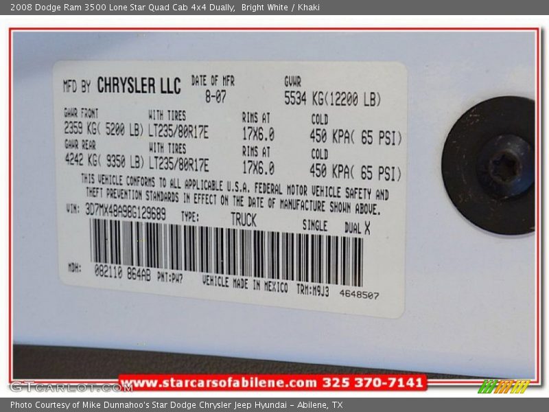 Bright White / Khaki 2008 Dodge Ram 3500 Lone Star Quad Cab 4x4 Dually