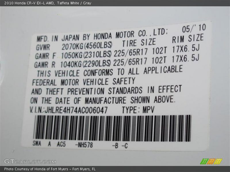 Taffeta White / Gray 2010 Honda CR-V EX-L AWD