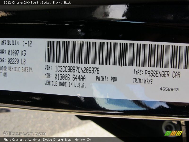 Black / Black 2012 Chrysler 200 Touring Sedan