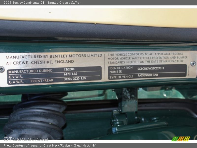 Info Tag of 2005 Continental GT 