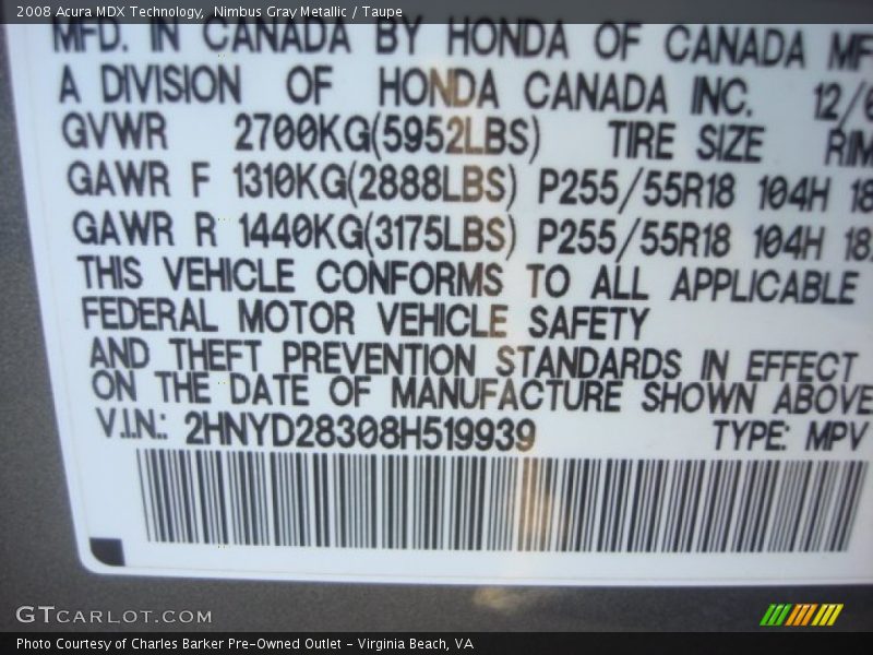 Nimbus Gray Metallic / Taupe 2008 Acura MDX Technology
