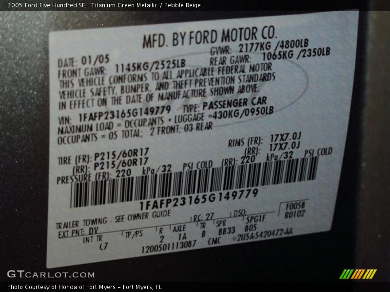 2005 Five Hundred SE Titanium Green Metallic Color Code DV