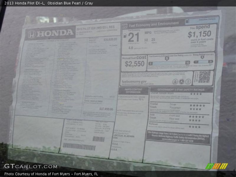 Obsidian Blue Pearl / Gray 2013 Honda Pilot EX-L