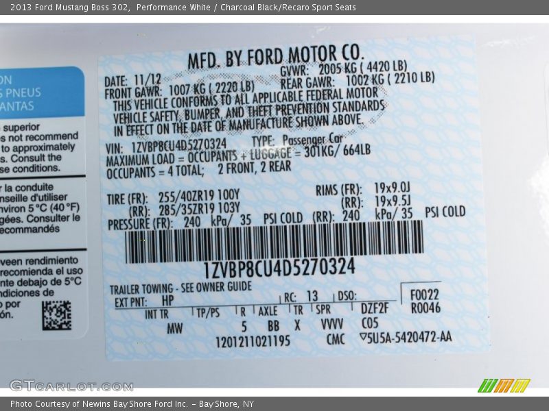 2013 Mustang Boss 302 Performance White Color Code HP