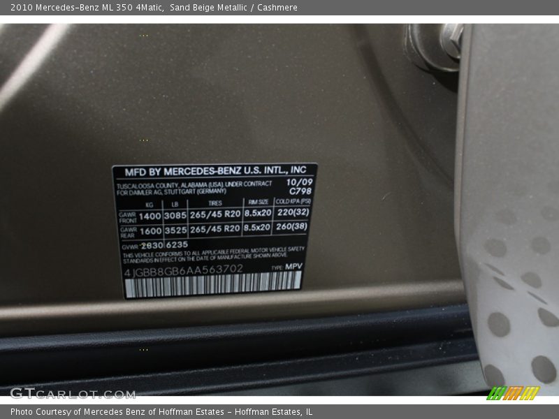 2010 ML 350 4Matic Sand Beige Metallic Color Code 798