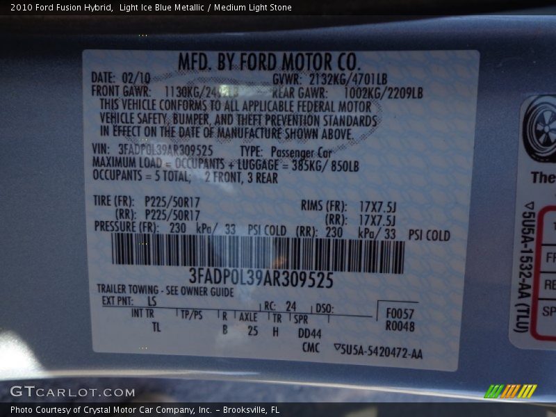 2010 Fusion Hybrid Light Ice Blue Metallic Color Code LS